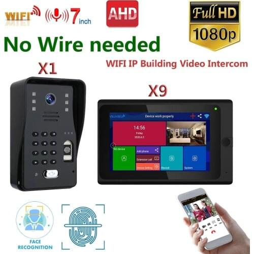 Wireless Wifi Video Intercom System with 7 inch Touch Screen HD 1080P Video Doorbell Rainproof IR Camera For 9/10/12 Apartment