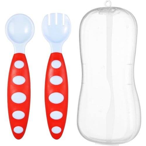 Safe Plastic Baby Spoon+ Fork Colorful Anti-Skid Handle Learning Tableware Children Dishes With Box/opp bag