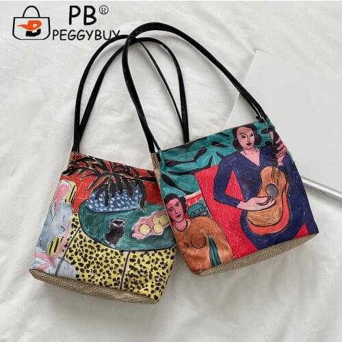 Retro Ladies Bags Oil Painting Printing Shopping Bags Ladies Large Capacity Canvas Top-handle Tote Handbags