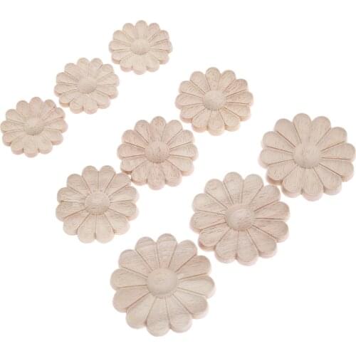 10pcs/2pc Floral Wood Carved Decal Corner Appliques Frame Round Woodcarving Flower Figurines Crafts Home Furniture Decor 5/6/7cm