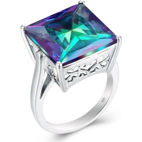 Szjinao Brand Silver 925 Ring for Women With Square Rainbow Fire Mystic Topaz Gemstone Silver Jewelry Party Fine Jewellery