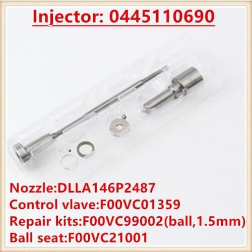 Common rail repair kit spray nozzle DLLA146P2487 valve F00VC01359 F00VC21001 ball seat F00VC99002 for injector 0445110690