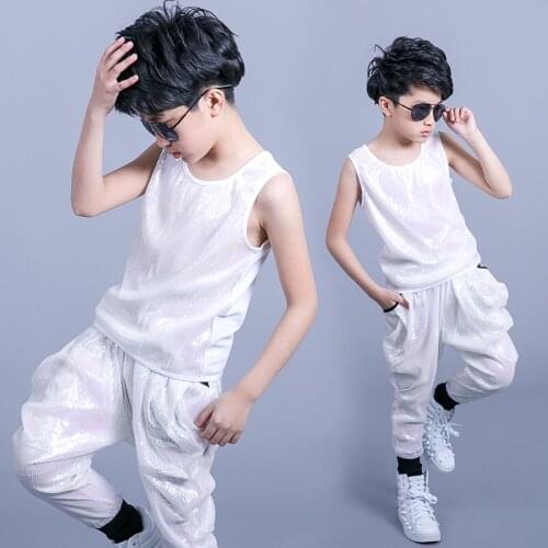 Boys Jazz Dance Costume Sequins Vest Haren Pants Hip Hop Kids Street Dance Outfits Drum Show Catwalk Singer Stage Wear DNV15217