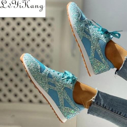 Women Flat Glitter Sneakers Casual Bling Vulcanized Shoes Female Mesh Lace Up Platform Comfort Plus Size Fashion Ladies Autumn