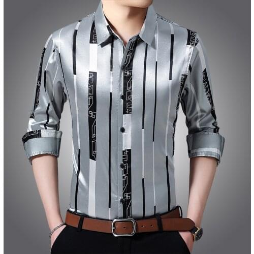 Male Silk Clothes Spring Long Sleeve Striped Silk Shirts Mens Caual Dress Shirts