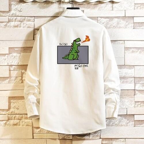 Plus Size 5XL-M Autumn New Original Charizard Print Men Casual Shirts Long Sleeve Simple Front Pocket Loose Blouse Homme Sale