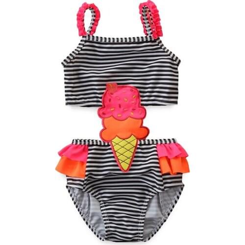 2-7 Years Kids Girl Swimwear Fashionable Stripe Ice Cream Sleeveless One-Piece Swimsuit