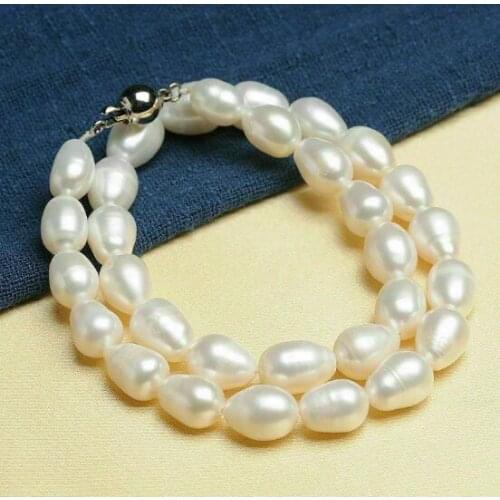 7x8mm white oval rice pearl necklace round clasp natural Freshwater PEARL Women Jewelry 35cm 43cm 15'' 17