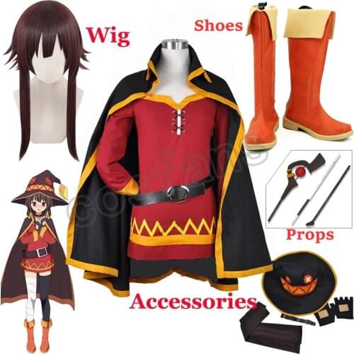 KonoSuba Gods Blessing on this Wonderful World Megumin Cloak Dress Uniform Halloween Outfit Anime Megumin Cosplay Wig + Wig Cap