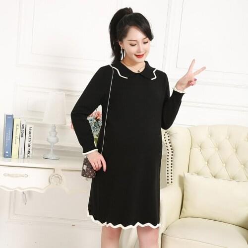 Large size maternity dress winter lapel simple base skirt solid color knitted dress 3XL 4XL 5XL 6XL