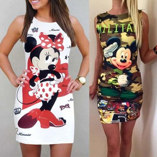 Slim Bodycon Dresses Disney Summer Mini Women Pencil Dress Sexy Mickey Cartoon Print Bag Hips Skinny Party Robes Femme