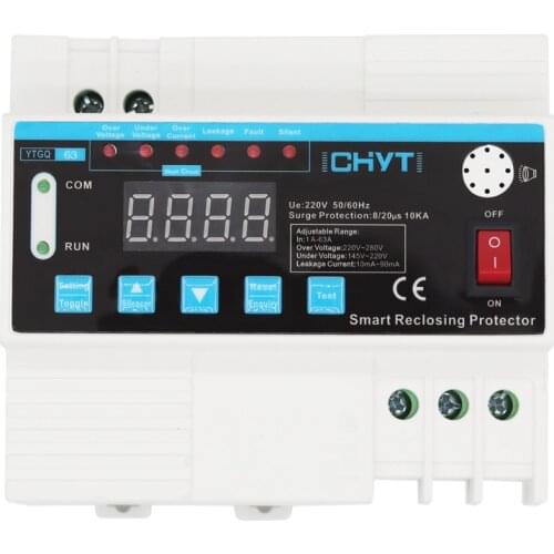 ICHYTI Adjustable Over and Under Voltage Current and Leakage Surge Lightning Protective Device Protector reclosing Relay 40A 63A