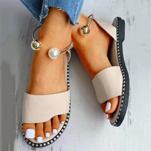Women Pearl Metal Sandals Female Summer Casual Fashion Flats New Ladies Solid Beach Shoes Woman Footwear Plus Size 35-43