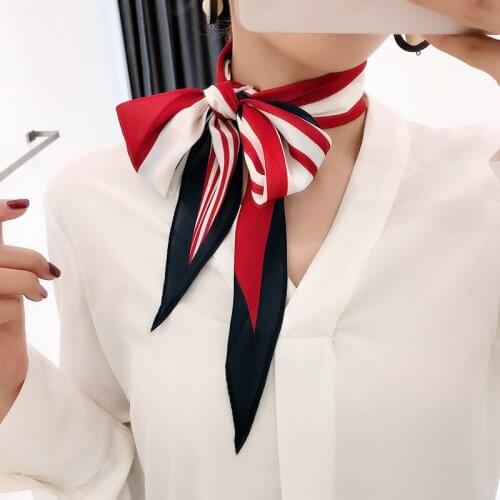 2020Designer New striped classy and chic diamond small long scarfs women Joker Silk feel scarf Korean neck scarf bag accessories