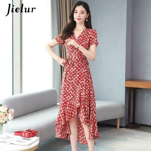 Jielur Floral Short Sleeve Chiffon V-neck Women Dress Red High Waist Elegant Vestidos Chic Dresses Loose Slim Summer Dress S-XXL