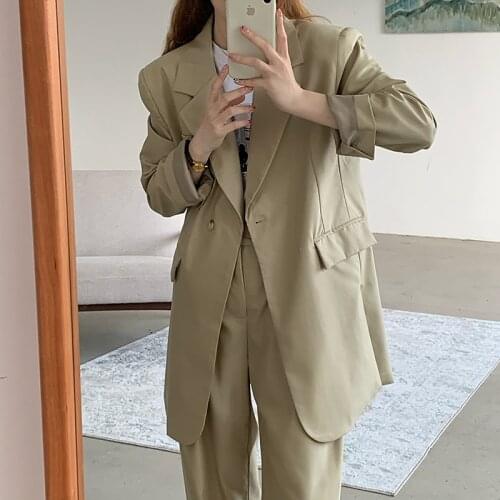 Vintage Blazer Suit Korean Style 2 Piece Set Women Blazer Coat High Waist Pants Long Sleeve Suits Office Lady Two Piece Outfits