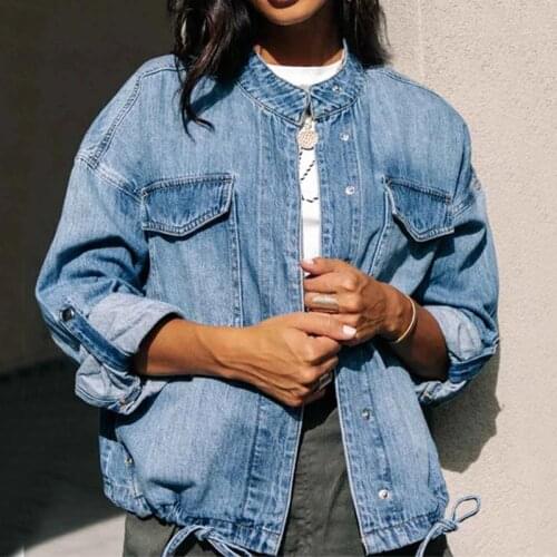 Womens Denim Jacket O-neck Pockets Hole Button Jeans Jackets For Women 2021 Autumn Casual Ruched Lace Up Long Sleeve Lady Coats