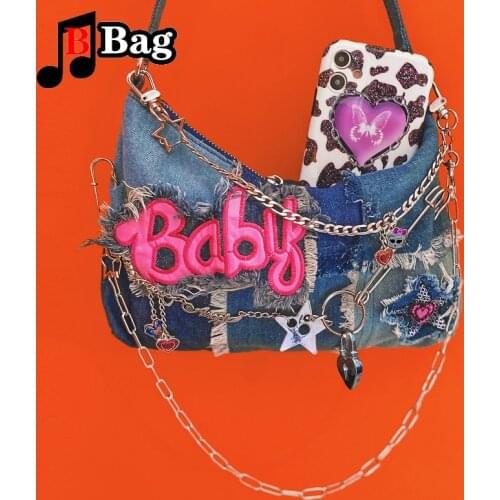 Women shoulder bag Denim stitching retro Street underarm bag Y2K Girl Messenger Bag female metal chain Handbag Satchel bag
