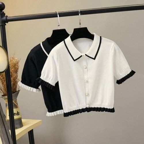 Women Summer Cardigans High Waists Short Sleeves Turn Down Collar Faux Pearl Buttons Knitted Cardigan Ruffles Tops