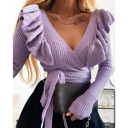 FANTOYE Autumn Ruffle Bandage Womens Sweater Vintage Sexy V-neck Rib Knitted Sweater Winter Casual Long Sleeve Fitness Sweater