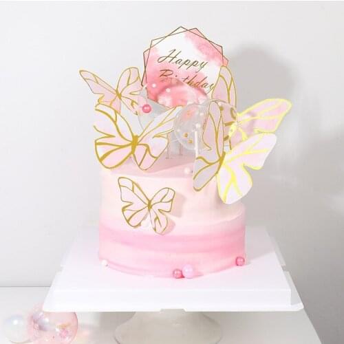 1/5pcs Pink Gold Butterflies Cake Toppers for Happy Birthday Cupcake Cake Topper Baby Shower Geomertic Shaped Cake Topper