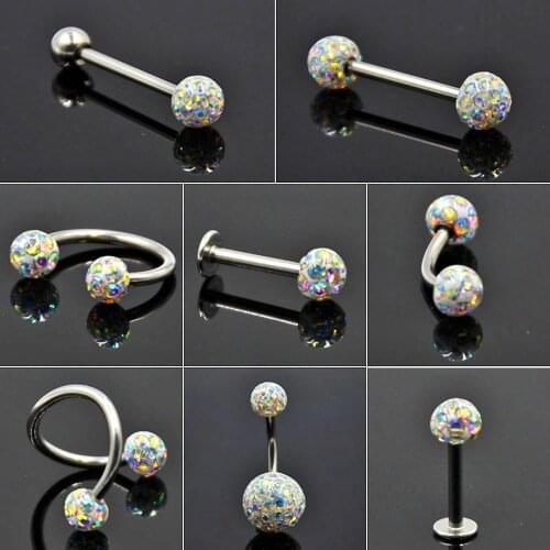 1PC Surgical Steel Labret Lip Stud Ear Cartilage Tragus Tongue Barbell Ring Nipple Ring With Epoxy CZ Crystal Ferido Ball