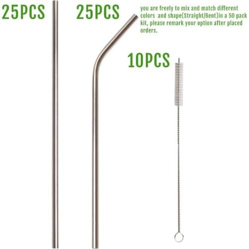 50 Packs Whole Sale Best Reusable Metal Drinking Stainless Steel Straw with Cleaning Brush for Bottle Hydro Flask Christmas Gift