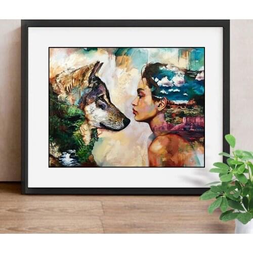 Diamond Painting Full Square Wolf with Beauty Cross Stitch Drill 5D Diy Diamond Embroidery Home Decorating Children Gift