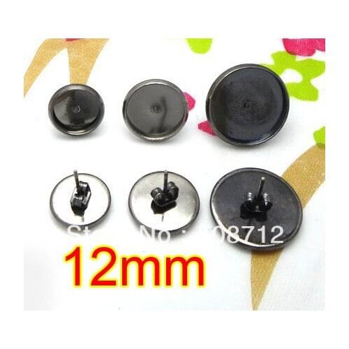 Free shipping!!! EP075 500sets 12mm Gun Black Stud Earring Blanks Base Tray Bezel Cameo Setting Post Bullet Stopper Back