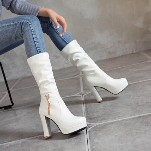 YQBTDL Fashion Mid Long Riding High Heel Boots Low Platform Pleated Black White Boots Party Bride Wedding Shoes Woman Footwear