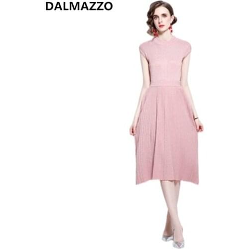 DALMAZZO 2021 New Summer Womens Skirt Suits Clothes Knitted Sleeveless Pullovers Tops + Pleated Half Skirt two Piece Sets Femme