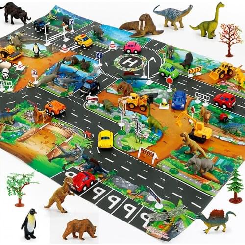 Child Playhouse Simulated Traffic Play Mat Set Dinosaur Figures Tree Car Park Mat Game Carpet Playmat Road Map Kit Pad Toy Gift