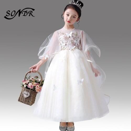 Butterfly Lace Kids Dress HT140 Embroidery Champagne Flower Girl Dresses O-neck Long Flower Girl Dress for Weddings 2020