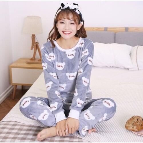 Flannel Lady Pyjamas 2019 Autumn and Winter New Coral Suit Cartoon Pajamas For Women Lovely Two-piece Home Suit Leisure wear