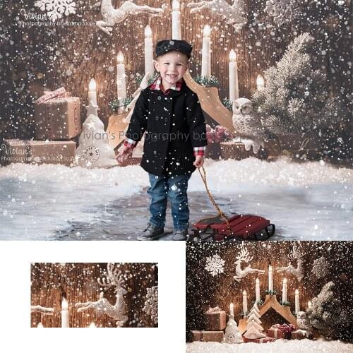 Snowy Reindeer Photography Backdrop Kids Portrait Family Photocall Wood Board Candle Christmas Banner Owl Baby Child Photostudio