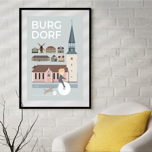 BURGDORF Towns Canvas Painting,Swiss Building Poster,Towers Wall Picture Illustration Design Kiosk,Modern Minimalism Decoration
