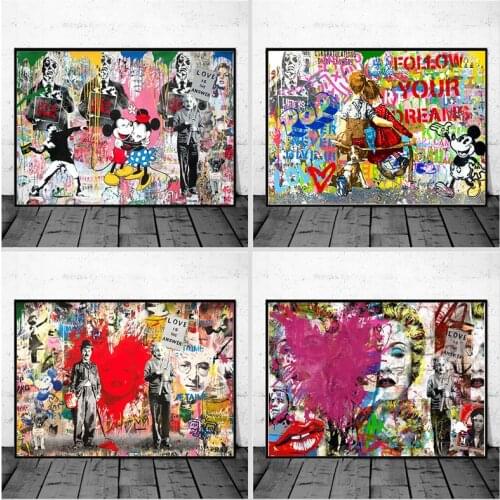 Disney Graffiti Art Canvas Paintings Mickey and Minnie Hugging Posters and Prints Wall Art Pictures for Living Room Home Decor