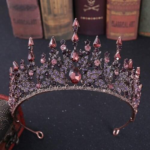 KMVEXO Baroque Retro Bronze Violet Purple Crystal Bridal Crowns Pageant Diadem Veil Tiaras Headbands Wedding Hair Accessories