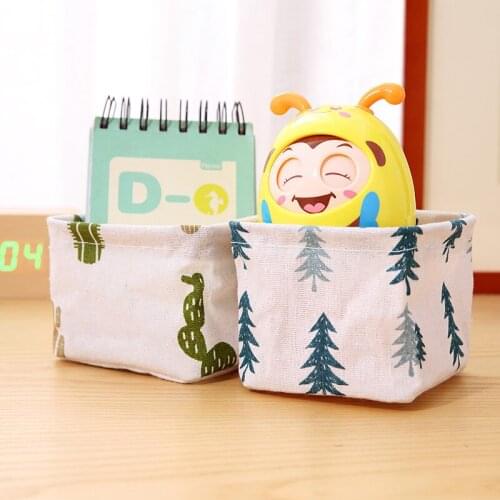 LuanQI Cotton Linen Fabric Small Foldable Sundries Storage Basket Cute Printing Cosmetics Container Desktop Organizer Bag Office