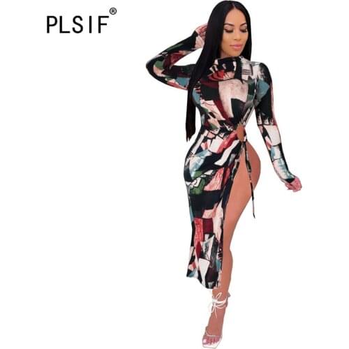 Fashion O Neck Sexy Print Dress Side Split Sexy Full Sleeve Party Club Dress Female Slim Vestidos