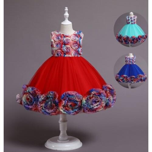 2021 New 3D Rose Flower Baby Girls Dress Ceremony Clothing Lace Backless Tutu Party Wedding Child Princess Dress Kids Vestidos