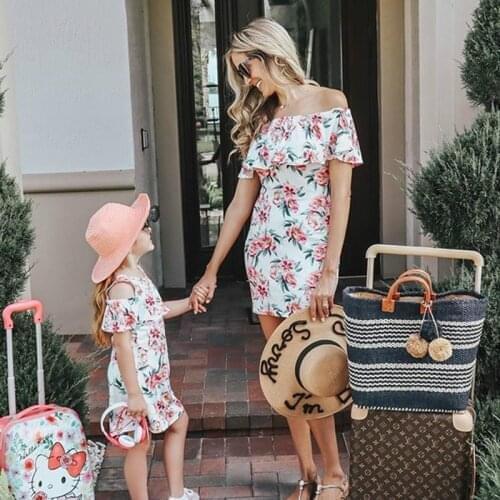 Family Matching Clothes Mom and Daughter Dress Off Shoulder Ruffles Floral Mini Dress Family Look Mother and Daughter Clothes