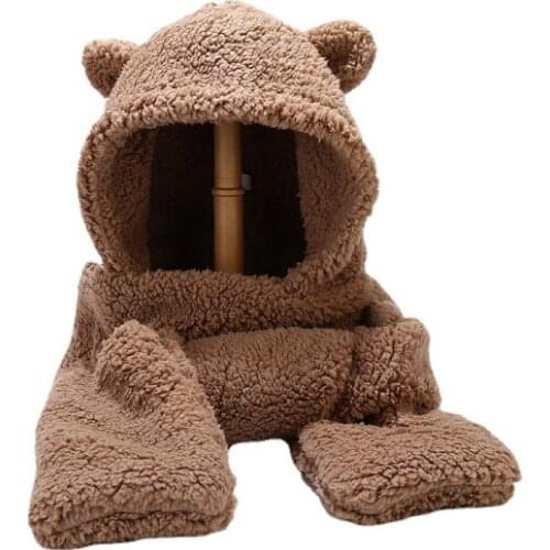 Autumn Winter Warm Hat Women Cute Bear Ears Beanies Caps Casual Plush Hat Scarf Set Casual Solid Outdoor Girls Caps