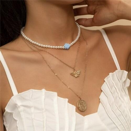 Retro Creative Geometric Round Brand Little Angel Necklace Temperament Imitation Pearl Color Small Flower Clavicle Chain Gifts