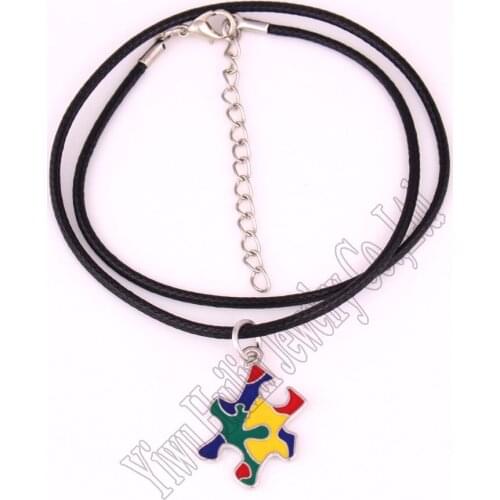 Autism Hope puzzle Piece pattern hand applied enamel colors Pendant with leather Rope Chain ID necklace Autism Awareness Jewelry