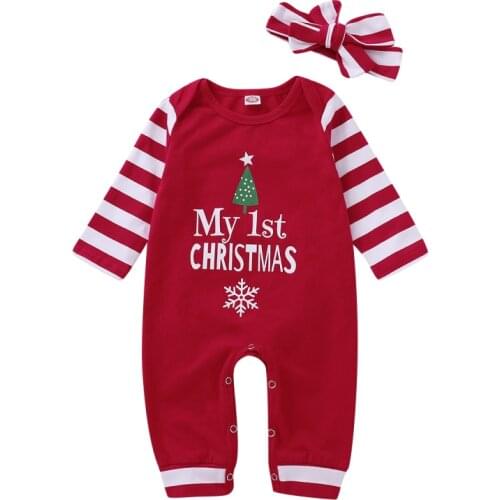 Christmas Clothing for Baby Girls Boys Newborn Long sleeve Striped Romper Headband Xmas Outfits Letter Printed Clothes 0-2T
