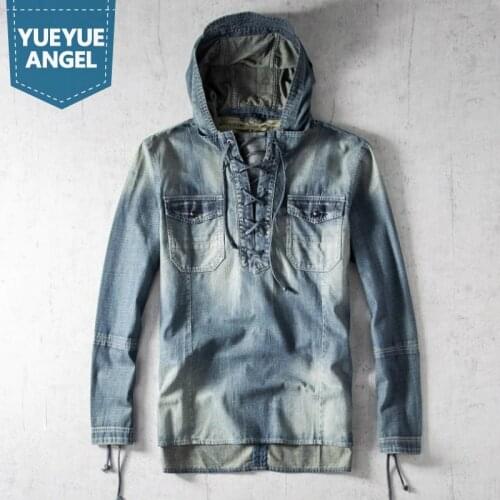 Mens Denim Shirt Detachable Hooded Pullover Tops Autumn Fashion Loose Fit Long Sleeve Pocket Lace Up Vintage Casual Jean Shirts