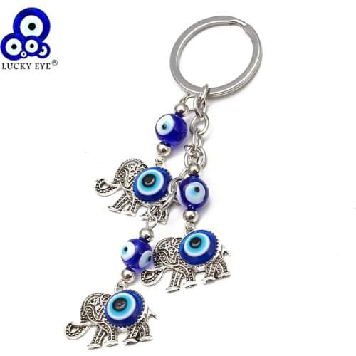 Lucky Eye Alloy Elephant Pendant Keychain Silver Color Key Holder Turkish Evil Eye Charm Car Keyring for Women Jewelry EY2675