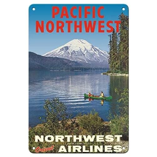 Pacific Northwest - Spirit Lake, Mount St. Helen - Northwest Orient Airlines c.1973 Metal Tin Sign