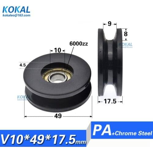 [V1049-17.5]10PCS/LOT V grooved PA66 PA black nylon wheel roller 6000RS 6000 ball bearing Pulley with U/V Grooved 10*49*17.5mm